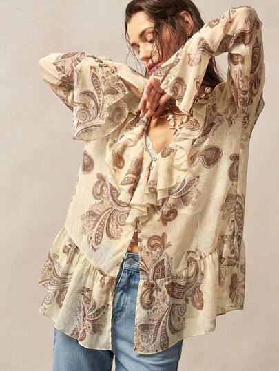 Bohemela Casual Woven Printed Ruffle Trim V-Neck Loose Long Sleeve Women's Blouse