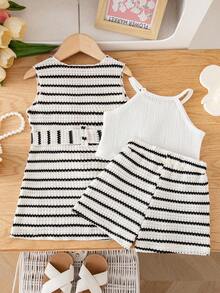 SHEIN 3pcs/Set Baby Girl Summer New Knit Textured Camisole Crop Top, Hollow Knit Fabric Long Sleeveless Cardigan With Waist Belt, Casual Loose White Minimalist Sporty Versatile Vacation Streetwear - Black and White - View 2