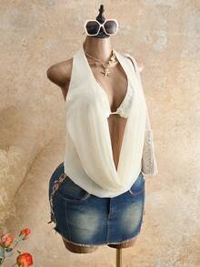 Femesol Draped Neckline Sequin Embroidered Elegant Tropical Sexy Women's Blouse Suitable For Beach Vacation Casual Daily Travel Outfits Cream White Summer - Apricot - View 7