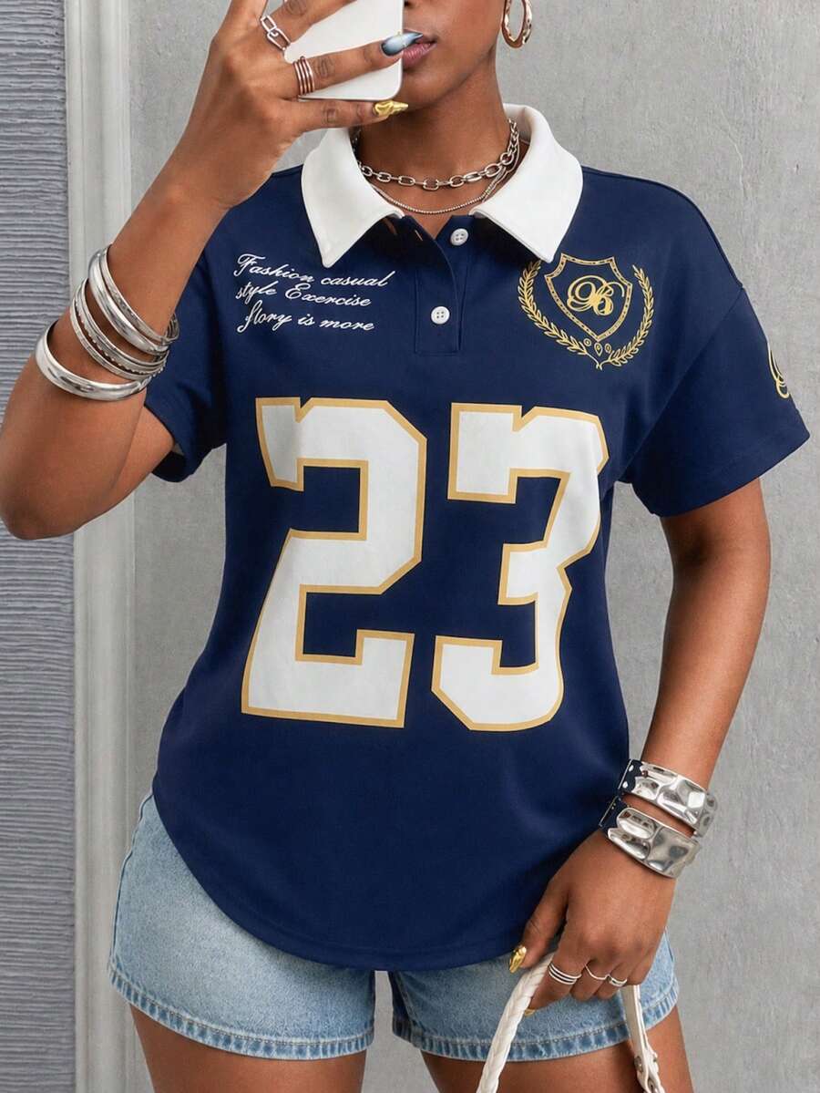 Glyssa 女款新款甜酷風休閒度假極簡浪漫襯衫領短袖T恤 足球女孩運動風休閒度假極簡啦啦隊觀賽圖案T恤 夏季新品短袖T恤 外出穿搭 球場穿搭 夏季度假穿搭 夏季日常舒適穿搭 海軍藍T恤 海軍藍襯衫 - 藏蓝色 - 查看 1