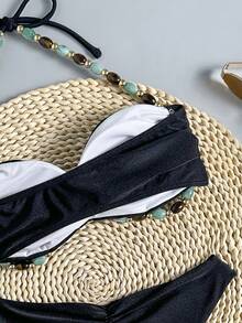 Swim Chiccia Swim Chicsea Women's Solid Color Black Beaded Tie Strap Shoulder Strap Ruched Detail Elegant Tropical Beach Vacation Summer Swimsuit Set - Black - View 6