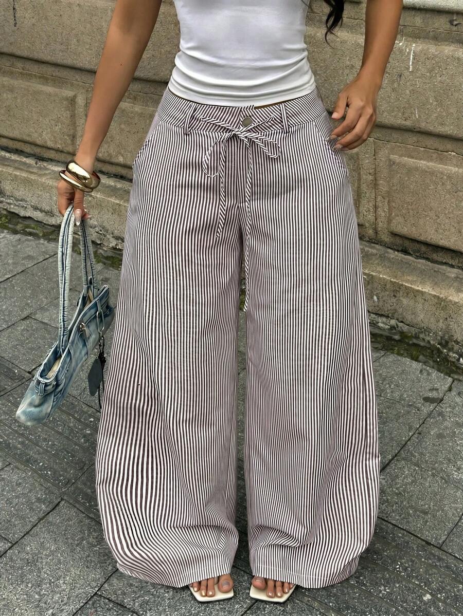 Coolane Women's Summer Streetwear Casual Basic Daily Wear Going Out Graphics Striped Butter Brown Low Rise Straight Pants - Coffee Brown - View 1