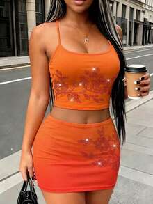 Mistrie Conjunto de 2 piezas de malla con estampado degradado de diamante de imitación para vacaciones de mujer - Naranja Coral - Ver 1