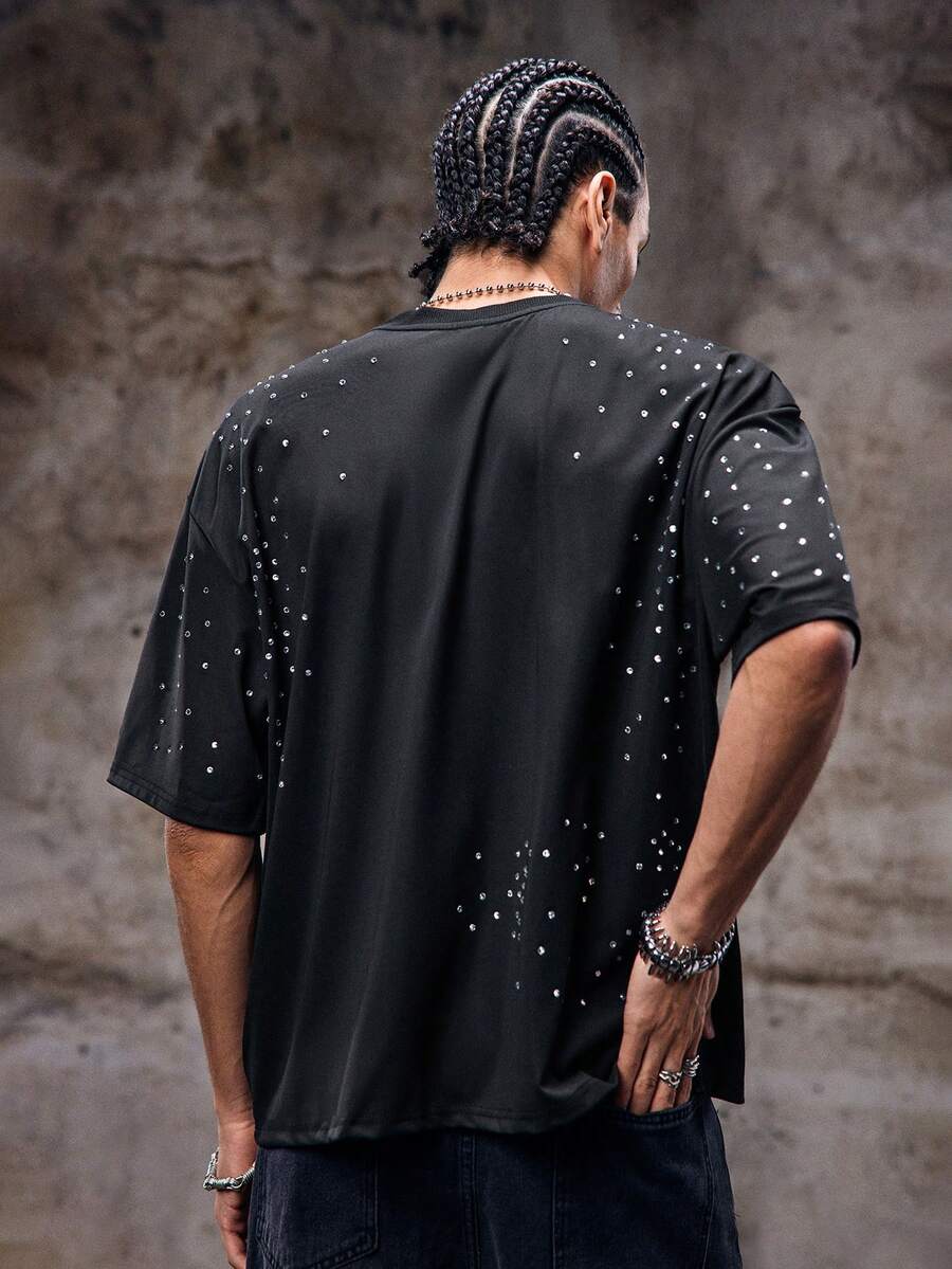 Skyrend Men's Casual Oversized T-Shirt Rhinestone Diamond Graphic Summer Tee Reflective Tops - Black - View 1