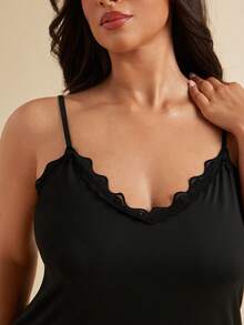 SHEIN BAE CURVE 加大对比色蕾丝开衩下摆吊带睡衣睡裙 - 黑色 - 查看 6