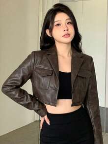 Joudiya 春秋棕色寬鬆休閒時尚街頭短版PU皮夾克輕量戶外長袖女款外套 - 棕色 - 查看 5