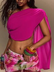 TypaGal Summer Tropical Sexy Vacation Pink Festival Y2K Ibiza Club Night Carnival Party Beach Women's Solid Color Asymmetric Neckline Cropped Wrap Top - Hot Pink - View 5