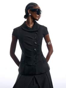 LYSMO Blazer de mujer de unicolor con manga corta, diseño asimétrico superpuesto y botones - Negro - Ver 7