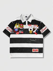 ROMWE MEN Men's Plus Size 2026 New Summer Casual Fashion Streetwear Daily Commute Digital Letter Print Contrast Stripe Short Sleeve Polo Shirt - Multicolor - View 4
