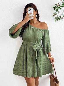 SHEIN Frenchy Plus Size Autumn Belted Asymmetrical Neckline Ruffle Sleeve One Shoulder Dress Elegant Vacation Going Out Cocktail Tea Party Wedding Guest Sage Green - Green - View 3