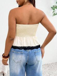 SHEIN Frenchy Plus Size Women's Ruched Lace Patchwork Bandeau Top Casual Summer Vacation Going Out Top For Women Lace Top Festival Independence Day Top - Apricot - View 3