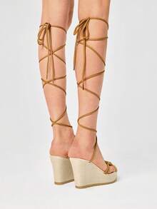 ROMWE Fairycore Women Platforms & Wedge Sandals Holiday Travel Essential Boho Cowgirl Outfit Summer - Beige + strap - View 5