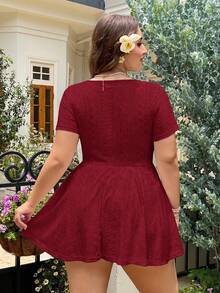 Solflare Plus Size Wine Red Casual Short Sleeve Jumpsuit, Everyday Wear, Spring/Summer - Burgundy - View 2