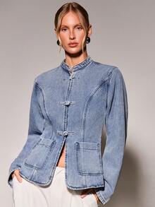 COSMINA Denim Women's Light Blue Single-Breasted Stand Collar Denim Jacket With Pockets, Suitable For Casual Retro, Commuting, Night Out, Chinese Style Date - Blue - View 3