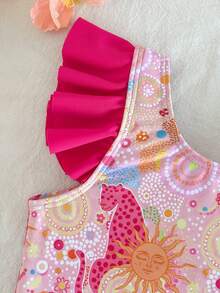 SHEIN Baby Girl Toddler Girl Rose Red Tropical Island Leopard Print Back Bow Ruffle One-Piece Swimsuit - Multicolor - View 5