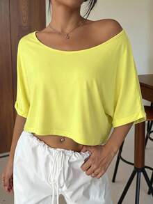 SHEIN EZwear 舒適性感露肩休閒黃色針織寬鬆不對稱領口T恤，時尚 - 黃色 - 查看 4