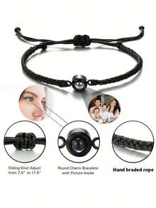 1pc Customized Photo Projection Bracelet, Stainless Steel Braided Couples Bracelet, Personalized Photo Memory Gift For Women, Family And Couples - Black - View 5