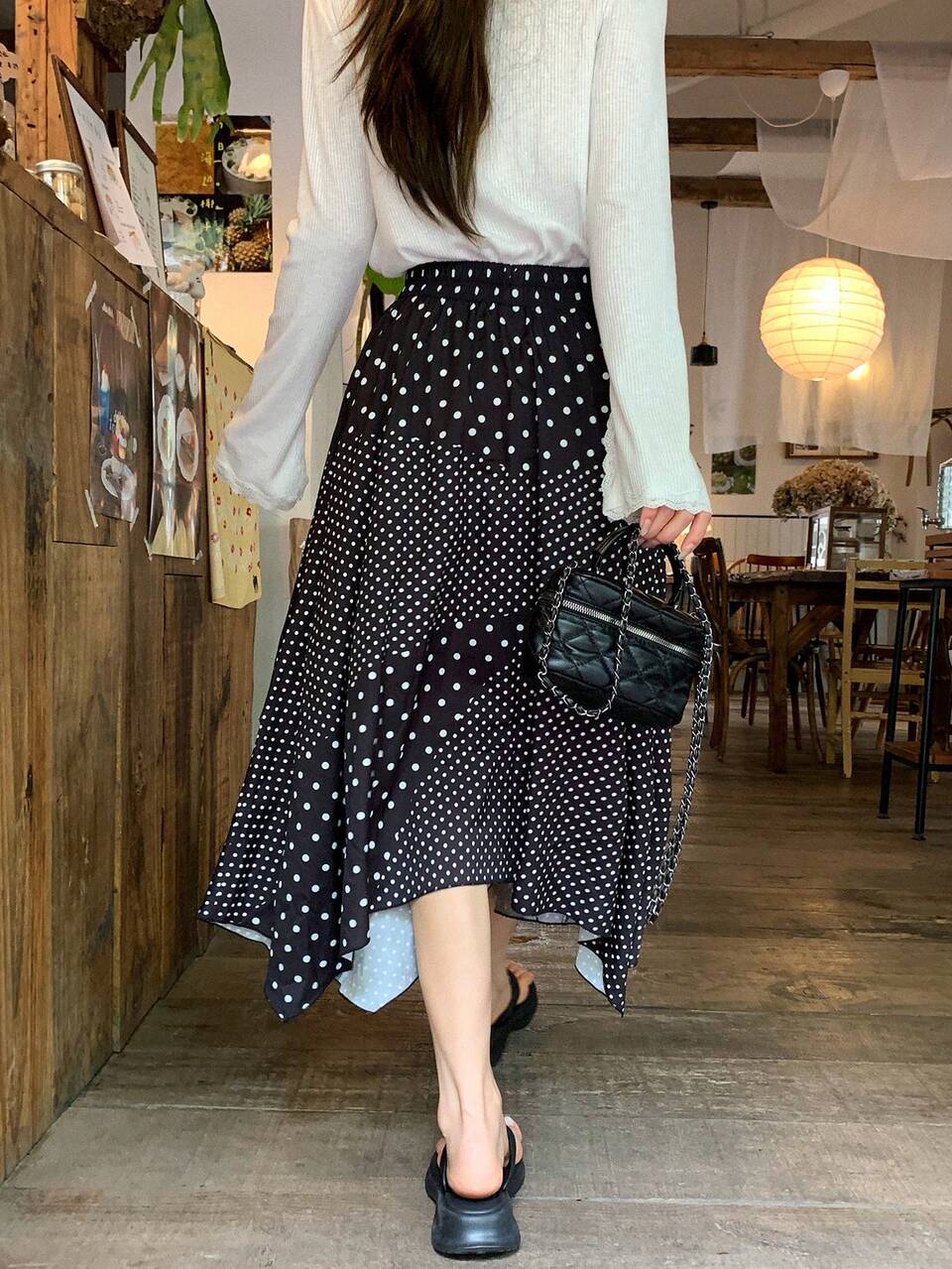 Women's Polka Dot Patchwork Casual 70s 1960s Vintage Young Girl Skirt Summer Vacation Black And White Picnic Brunch