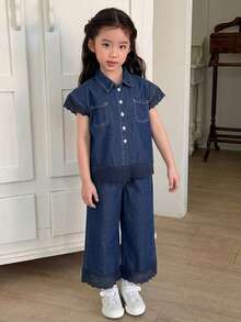 DAZY 女童蕾絲拼接韓風牛仔襯衫與寬鬆牛仔短褲2件套夏季 - 中等水洗藍 - 查看 3