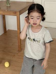 DAZY Baby Girl Round Neck Cartoon Short Sleeve 2 In 1 Print Top Summer Toddler - Grey - View 4