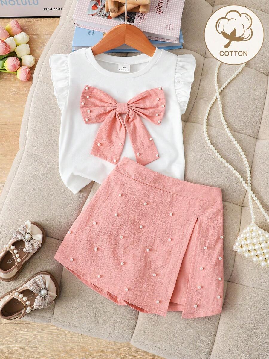 Souflis Souflis Setelan 2 potong untuk anak perempuan usia 4-7 tahun, terdiri dari atasan lengan bergelombang berhiaskan manik-manik dan celana pendek berbelahan pinggang elastis berwarna pink dengan hiasan manik-manik, cocok untuk dipakai sehari-hari, pesta, dan acara lainnya.