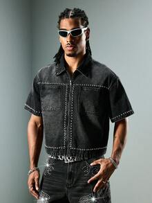ROMWE MEN Street Life Áo khoác denim nam khóa kéo phong cách casual đa năng dùng hàng ngày và du lịch - Xám - Xem 2