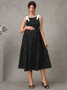 SHEIN Maternity Polka Dot Print Dress With Bow - Black - View 1