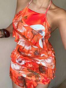Maweii 2026 Women's New Sexy Neckline Floral Print Plus Size Halter Dress, Decorated With Ruffle Design, Y2K Retro Style, Sweet And Spicy Style, Vacation Look, Young Adult, Tulle Fabric, Slim Fit, Lightweight Material. Suitable For Beach Vacation, Music Festival, Easter And New School Year Outfits - Multicolor - View 5