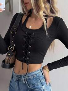 DAZY Women Spring Design Sense Cross Strap Tight Crop Top With Long Sleeve And Hollow Out Stripes Going Out Tops Women - Black - View 7