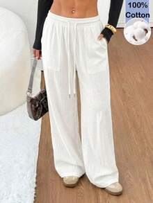 PETITE Pantalones casuales sueltos con bolsillos en diagonal y cordón en la cintura de unicolor - Blanco - Ver 7