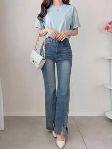 DAZY Letter Embroidery Drop Shoulder Tee Summer Preppy Tops - Baby Blue - View 12