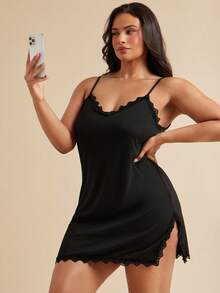 SHEIN BAE CURVE 加大对比色蕾丝开衩下摆吊带睡衣睡裙 - 黑色 - 查看 7