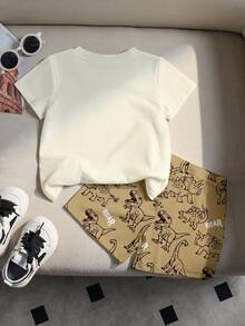 男童休闲可爱卡通恐龙印花圆领T恤和印花短裤套装，适合夏季穿着 - 彩色 - 查看 2