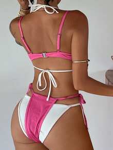 Livesso Women's Summer Beach Colorblock Halter Neck Tie Sexy Bikini And Triangle Bottom Two-Piece Swimsuit Set - Multicolor - View 2