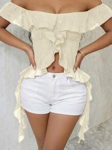 Eryvara Women's Shoulder Top, Sexy Romantic Elegant Vacation Style, Textured Fabric Design With Ruffle Hem Night Out Date Night Beige Summer - Apricot - View 6