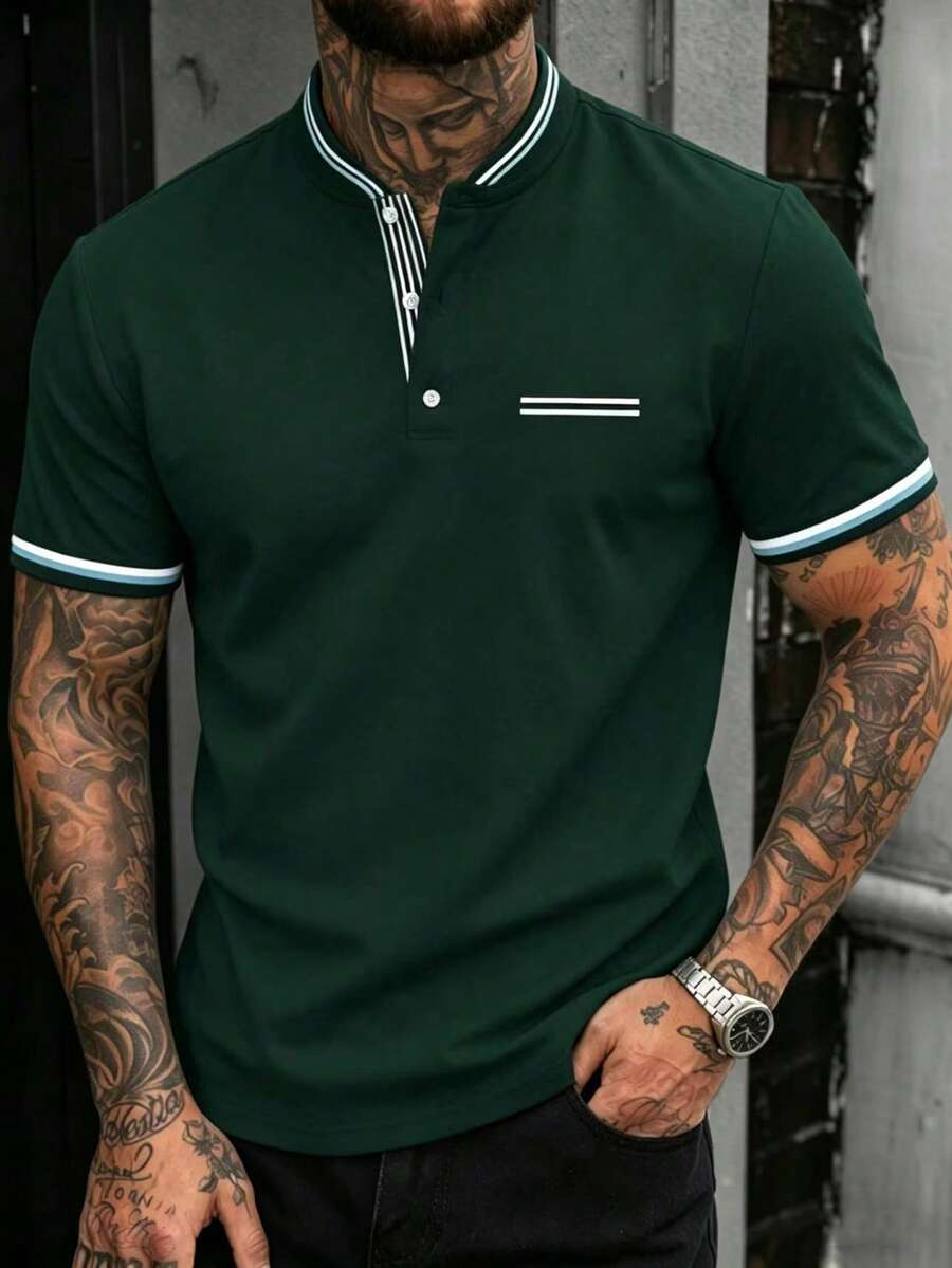 Manfinity Homme Camisa polo de manga corta con botones y ribete en contraste para hombre, adecuada para uso diario y ceremonias - Verde Oscuro - Ver 1
