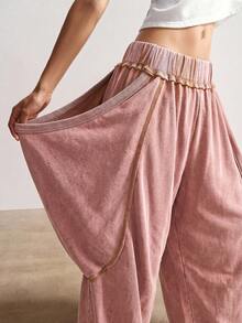 Bohemela Quần dài nữ dệt kim dáng rộng màu trơn phong cách casual giặt wash - màu nâu - Xem 5