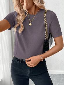 SHEIN Women's Short Sleeve Crew Neck Knit Top For Daily Wear And Office - Mauve Purple - View 4