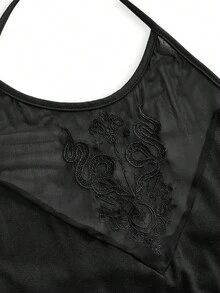 ROMWE Goth 深色哥德風性感透視網紗蛇紋刺繡收腰掛脖連身衣 - 黑色 - 查看 3