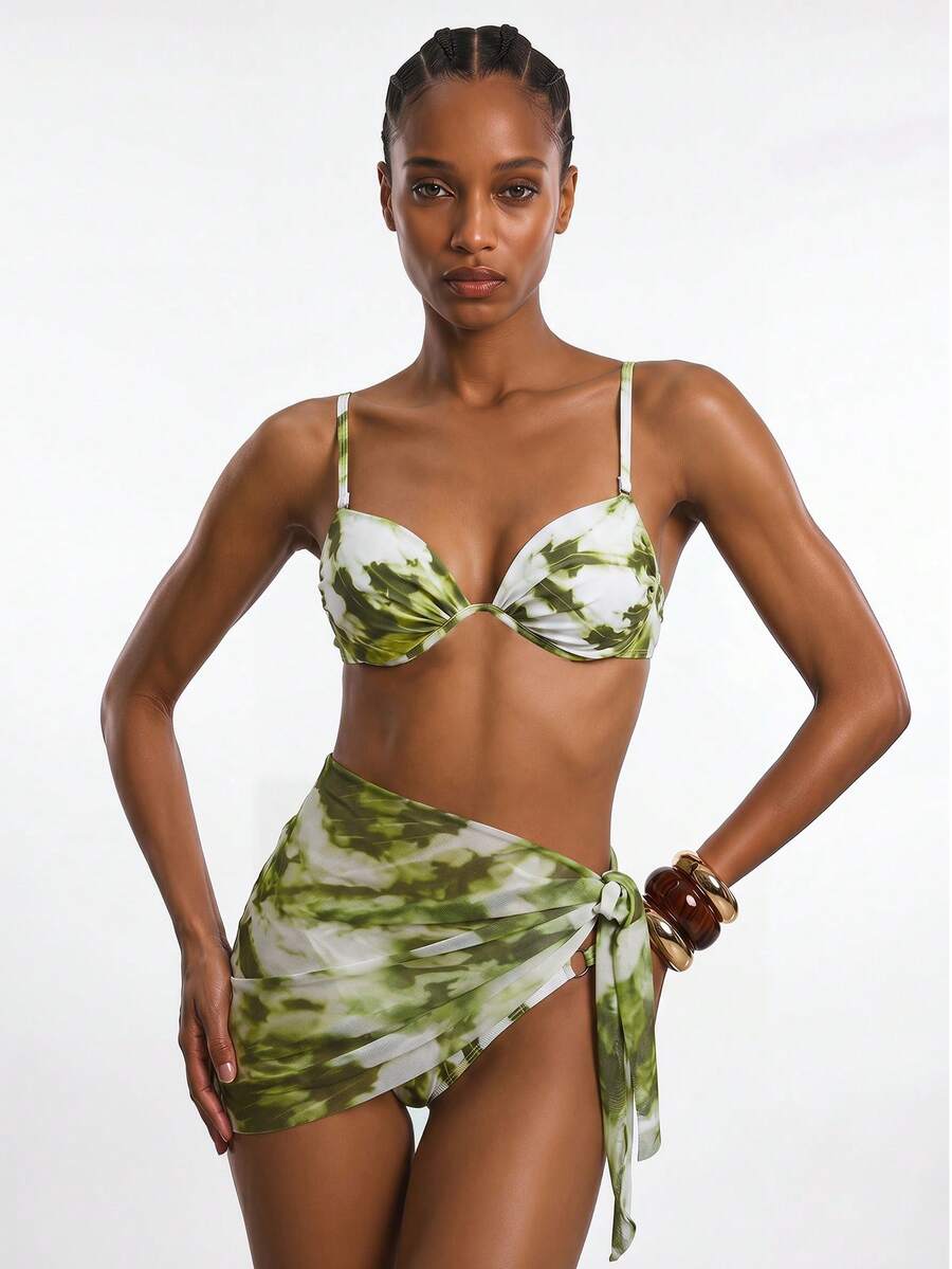Maija Women's Summer Vacation Beach Allover Print Ruched Spaghetti Strap Bikini Set With Cover-Up And Skirt Bathing Suits For Women - Green - View 1