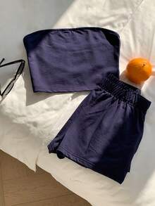 Comfortcana 女士95%棉藏蓝色无胸垫抹胸上衣和短裤两件套，休闲夏季度假装，简约日常百搭沙滩和健身服 - 藏蓝色 - 查看 3