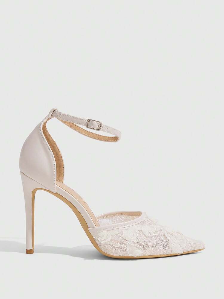 CUCCOO SZL Sexy Fashion Flower Net Hollow Instep Strap Bag Heel Pointed Stiletto Naked Strap Women's Beige High-Heeled Sandals