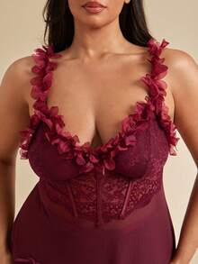 SHEIN BAE CURVE 大码女式性感蕾丝花网眼吊带裙，鱼骨腰设计 - 紫紅色 - 查看 6