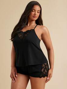 SHEIN BAE CURVE Plus Contrast Lace PJ Set / Pajama Set - Black - View 4