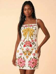 CAJUNI Short Dress With A Straight Neckline And Thin Straps, Featuring A Flower Stained Glass Print. - Multicolor - View 5