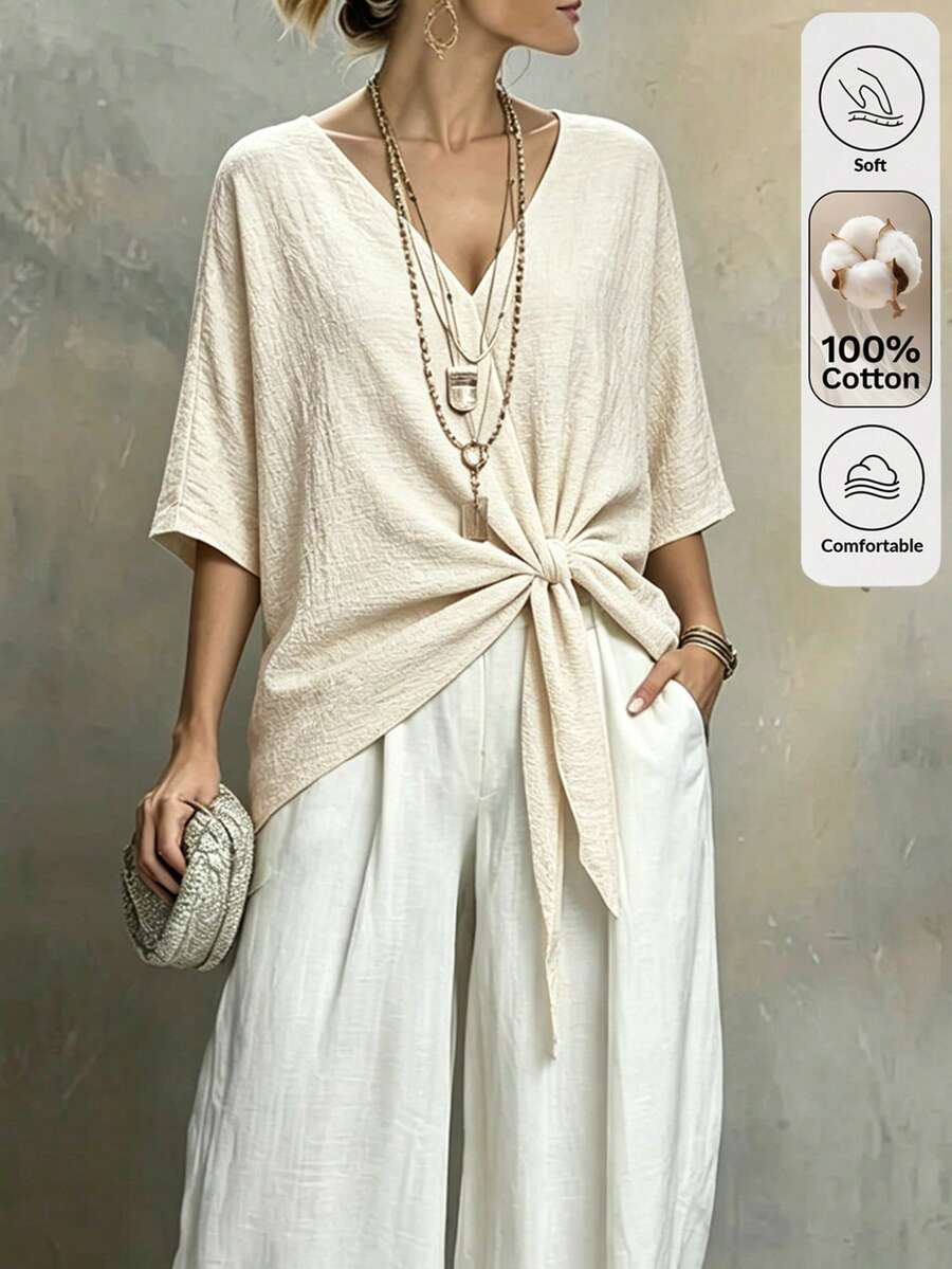 Louniche Women's Spring/Summer Casual Faux Cotton Linen Solid Color V-Neck Knot Shirt - Khaki - View 1