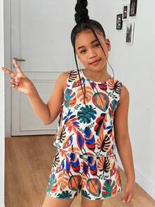 SHEIN Tween Girl Casual Daily Round Neck Textured Fabric Back Bow Tank Top And Shorts 2pcs Set - Multicolor - View 3