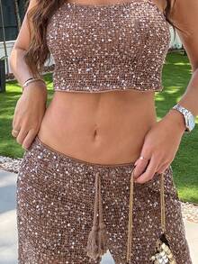 Maca Silvats 2025 New Arrive Minimalism Fall Women's Solid Color Sequin Cropped Halter Top And Tie Waist Pants Sexy 2 Pieces Set Off The Shoulder Party Summer - Brown - View 6