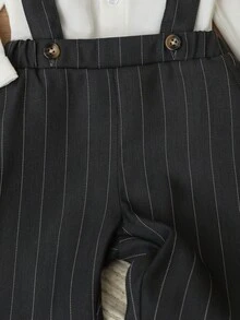 SHEIN 2pcs Baby Boy Formal Gentleman Set, Includes 1pc Bow Tie Knitted White Long Sleeve Shirt And 1pc Adjustable Suspenders Pants, Fashionable And Elegant, Suitable For Various Occasions Such As Parties, Formal Events, Weddings, Christenings, Celebrations And Birthday Parties, Suitable For 6 Months To 3 Years Old Baby Boys. Baby Boy Shirt, 1st Birthday Outfit, Photo Shoot Outfit - Black - View 8
