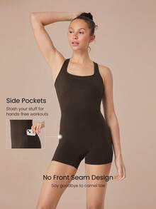 GLOWMODE 4.3" FeatherFit™-Air Sweat-Wicking Quick-Dry Tummy Control Corset Round-Neck Crossover Back Bodysuit Jumpsuit Romper With Side Pockets Low Impact Yoga Pilates Studio Daily Casual Wear Removable Cups - Brown - View 3